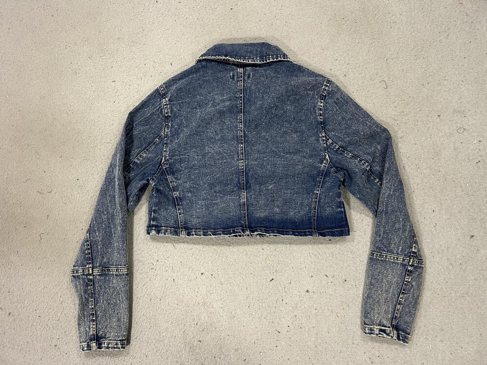 Y2K Forever 21 Jacket Womens XS Blue Acid Wash Cropped Denim Moto Asymmetrical - Picture 11 of 13